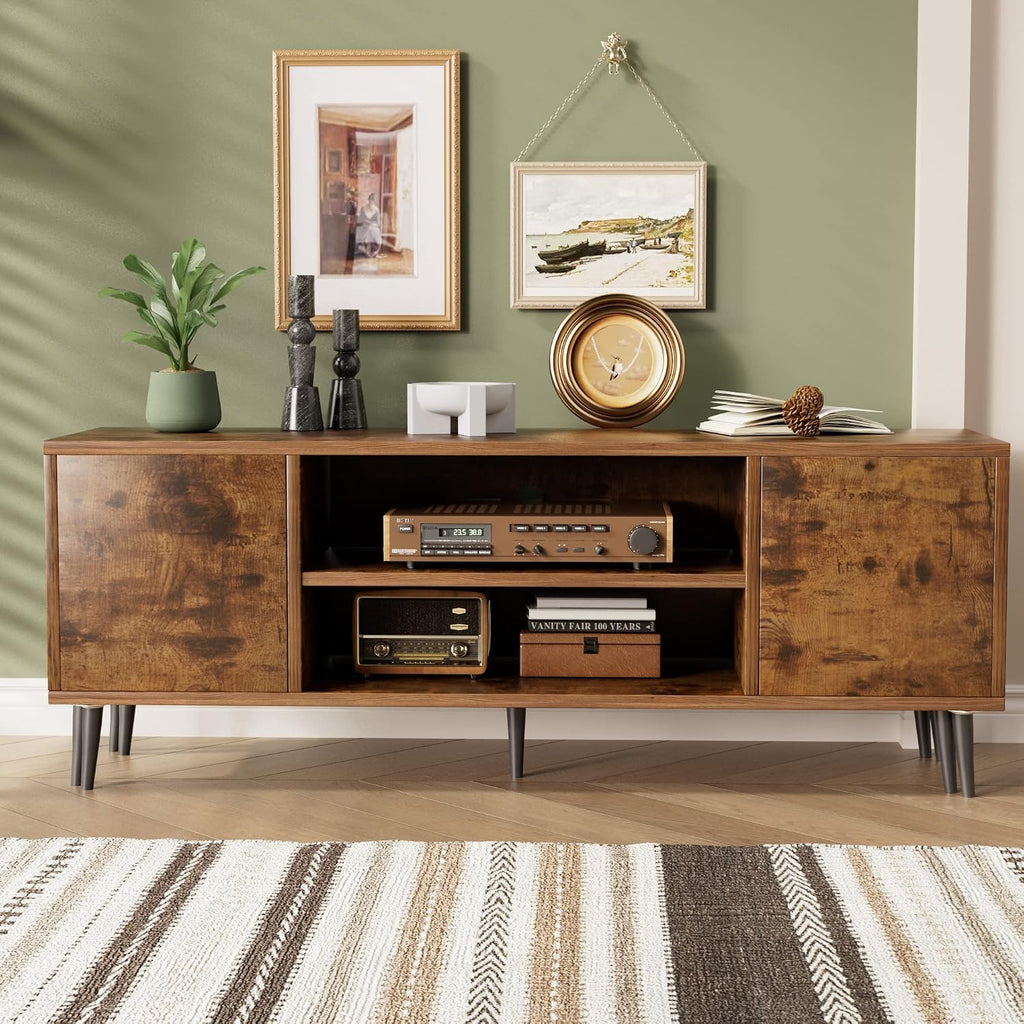 TV Stand for 65 Inch TV, Mid Century Modern TV Stand, Entertainment Center with Storage Cabinet and Open Shelves, TV
