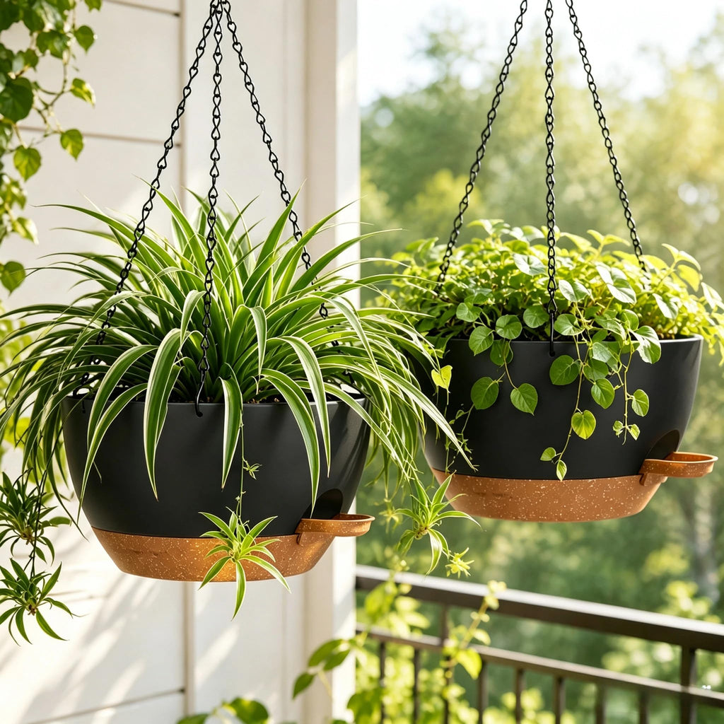 12" Self Watering Hanging Planters with Chains, Black Brown, 2 Pack