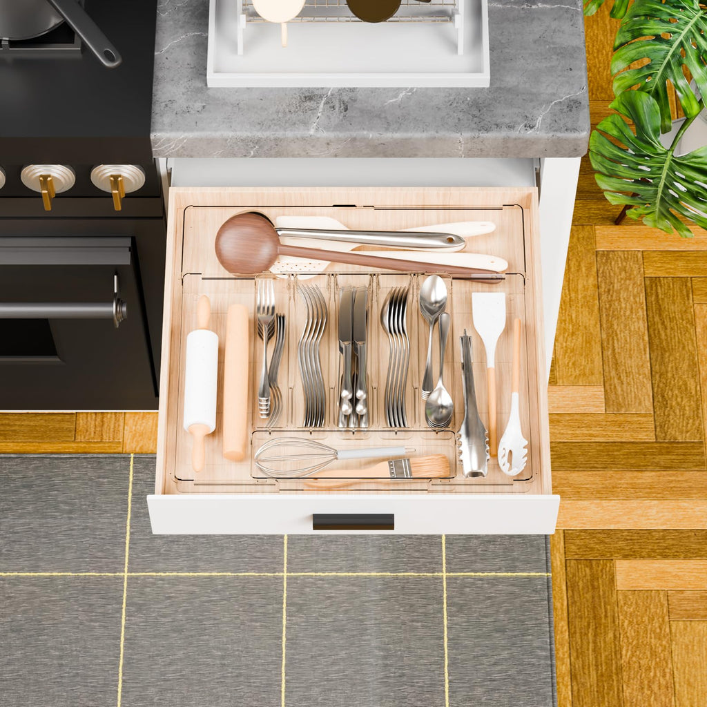 Clear Large Expandable Silverware Organizer and Kitchen Utensil Drawer Organizer,Plastic Adjustable Silverware Tray