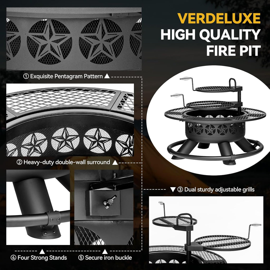 47 Inch Outdoor Fire Pit with 2 Grills, Extra Large BBQ Firepits for Outside