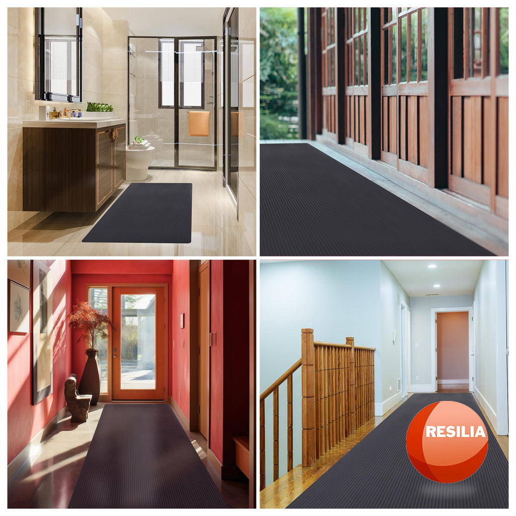 Black Plastic Floor Runner - Embossed Wide Rib Waterproof Vinyl, Heavy Duty Protector Mat for Indoor Hardwood, Hard