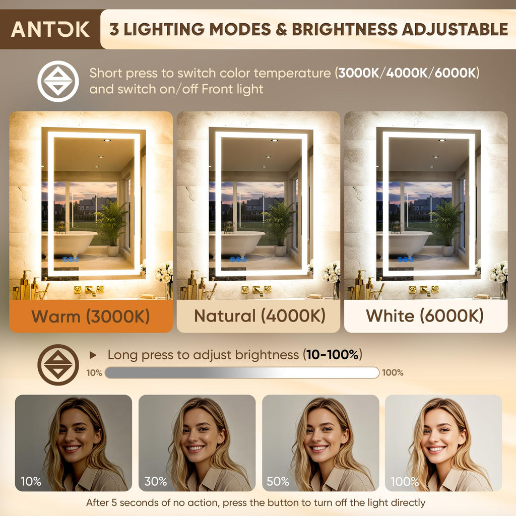 28x36 LED Bathroom Mirror with Lights, Backlit + Frontlit