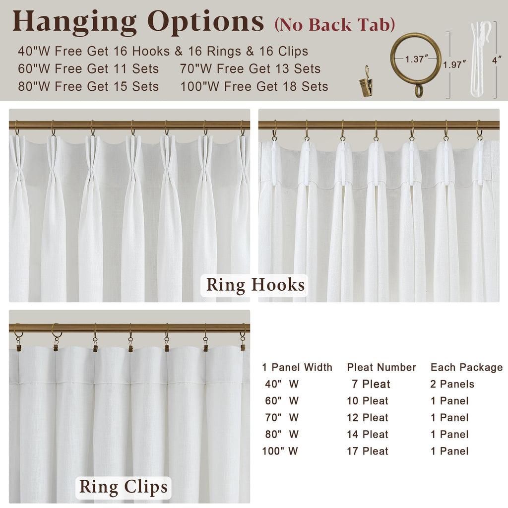 Beige White Triple Pinch Pleated Curtains 90 Inch 2 Panels Bedroom Memory Shape Trained Pleated Linen Drapes Ivory