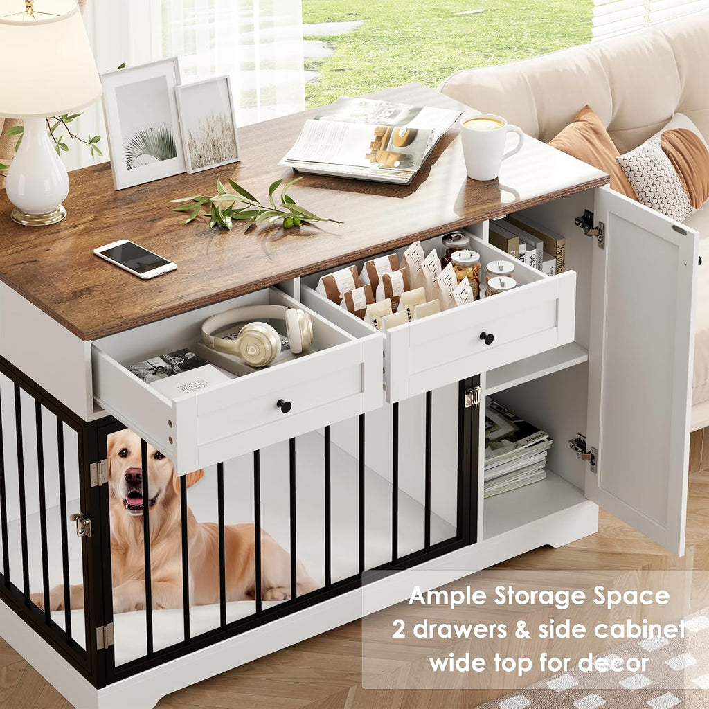 Dog Crate Furniture Kennel with Double Doors Wooden Pet House with 2 Drawers and Storage Cabinet, Indoor Dog Cage