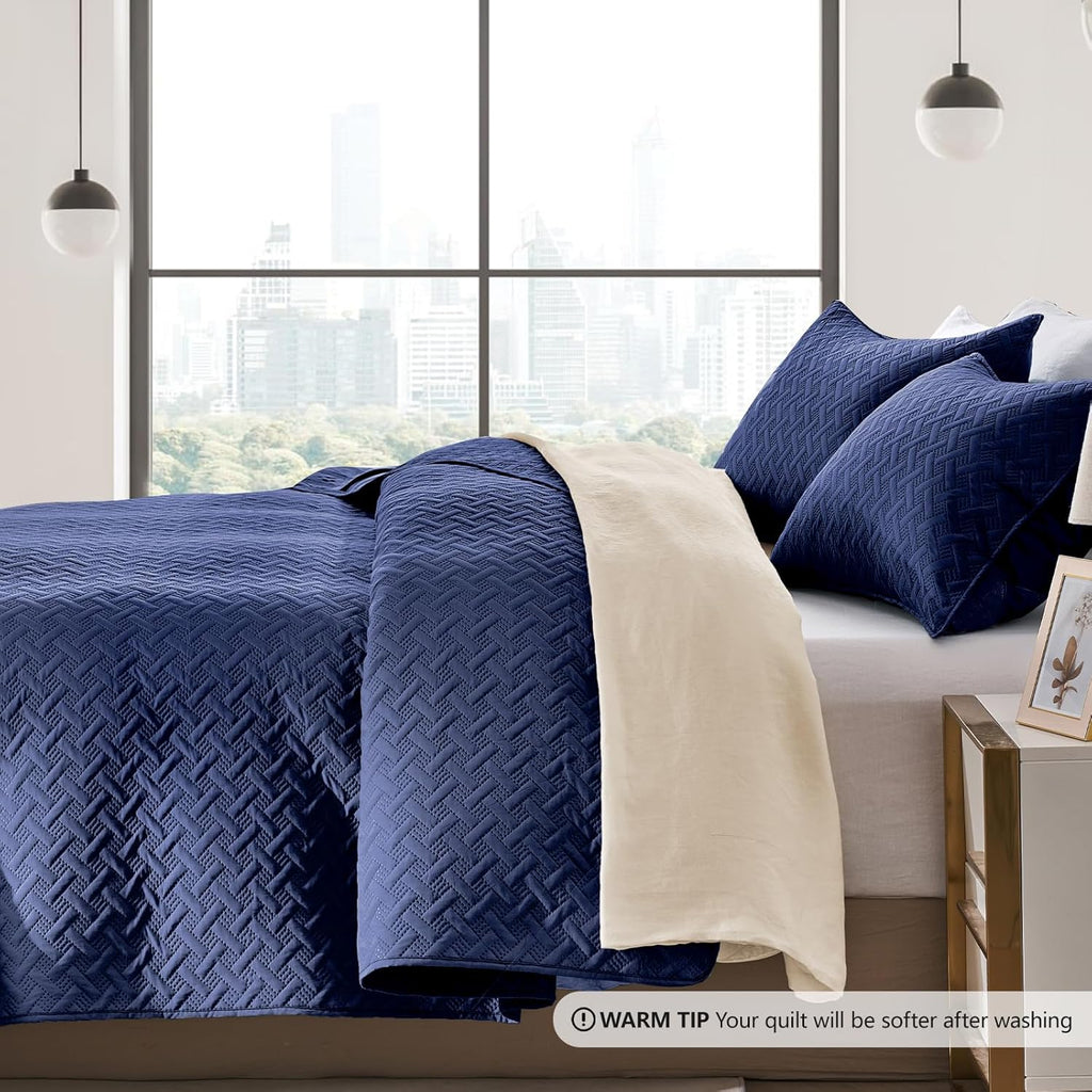 King Quilt Set - Soft Navy Blue Quilts Lightweight Microfiber Bedspread - Classic Basket Weave Pattern Bedspreads