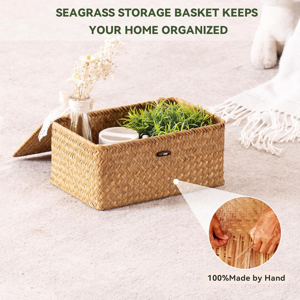 Storage Basket with Lid, Natural Seagrass Bin with Lid Set of 3, Shelf Baskets Multipurpose Container for Boho