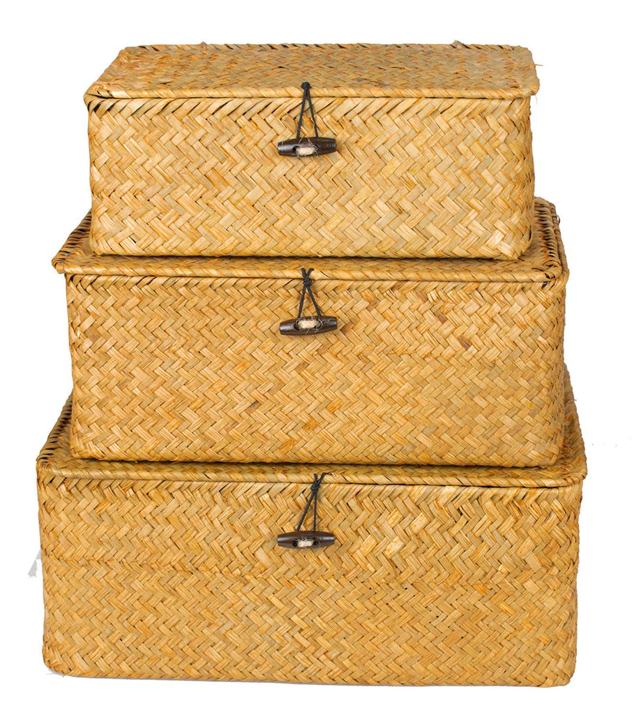 Boho Nesting Shelf Baskets with Lid, Set of 3 Household Organizer Bins, Compact Handwoven Seagrass Wicker Basket for
