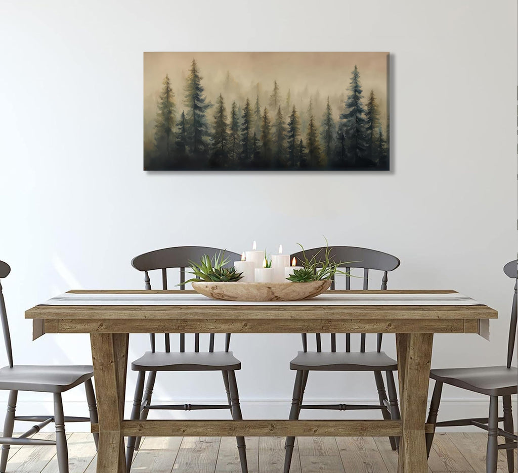 Large Misty Forest Landscape Canvas Wall Art Green Pine Tree and Foggy Mountains Scenery Picture Wall Decor Abstract