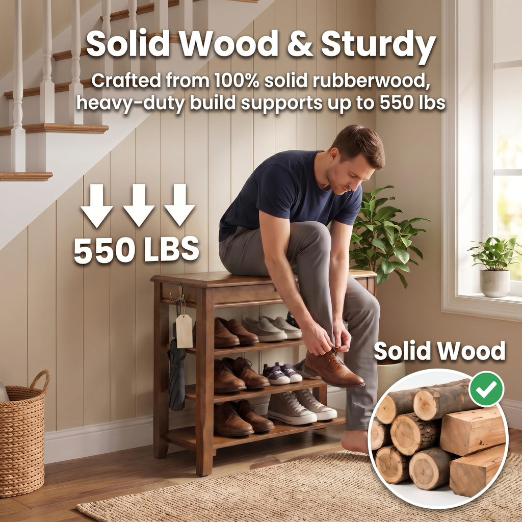 Shoe Rack Bench with Lift-Top Storage, 3-Tier Shoe Storage Bench with Wooden Seat, 550lbs Heavy Duty Entryway Bench