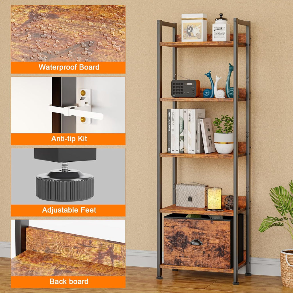 5 Tier Bookshelf with Drawer, Tall Narrow Bookcase with Shelves, Wood and Metal Bookshelves Storage Organizer