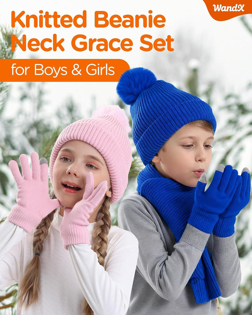 Kids Winter Hat Gloves Scarf Set Children Pompom Knit Beanie Warm Gloves with Thick Fleece for Boys Girls