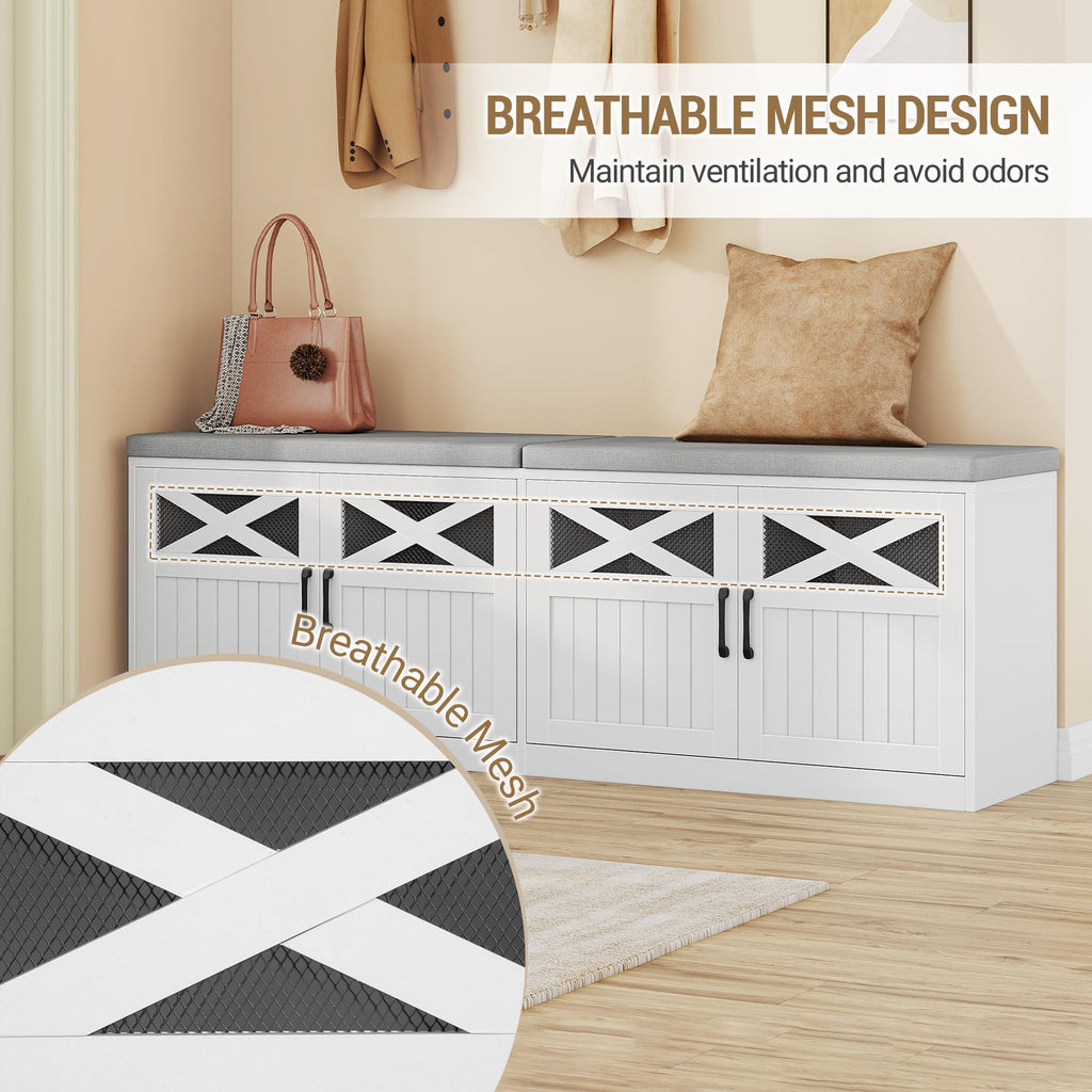 59" Shoe Storage Bench with 4 Barn Doors & Padded Seat Cushion