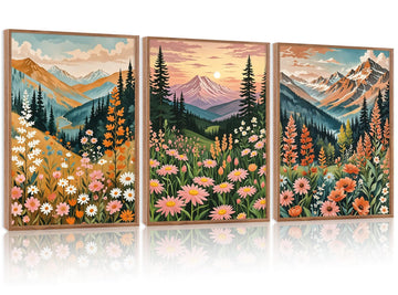 Mountain Sunset Floral Framed Canvas Wall Art Set, (Set of 3, 12X16 Inch) Colorful Wildflower Daisy Flower Wall