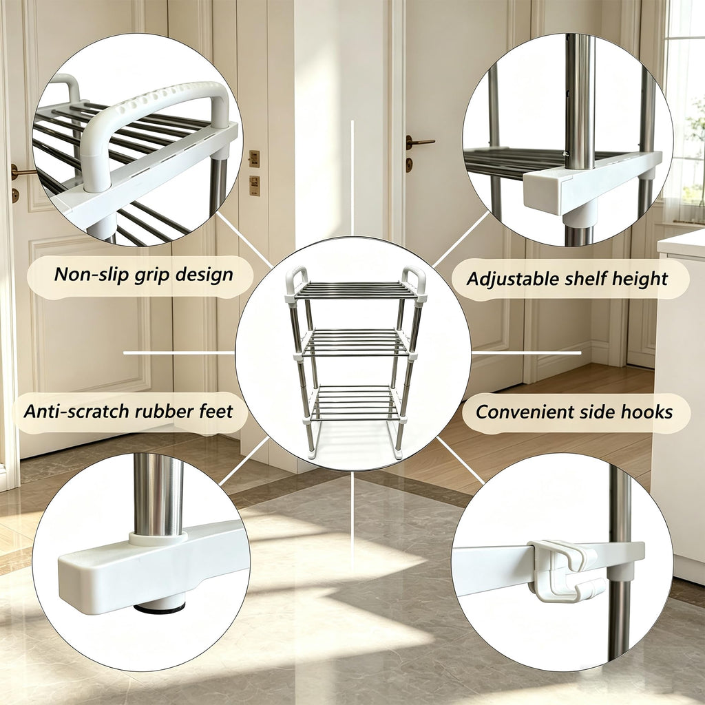 Expandable Shoe Rack, Adjustable Height Boot Organizer, 3-Tier