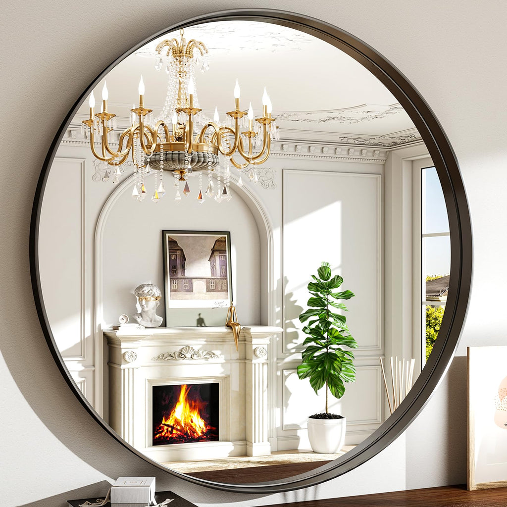 36 Inch Round Bathroom Mirror - Wall Mounted Circle Mirror with Metal Frame, Modern Mirror Suitable, Vanity