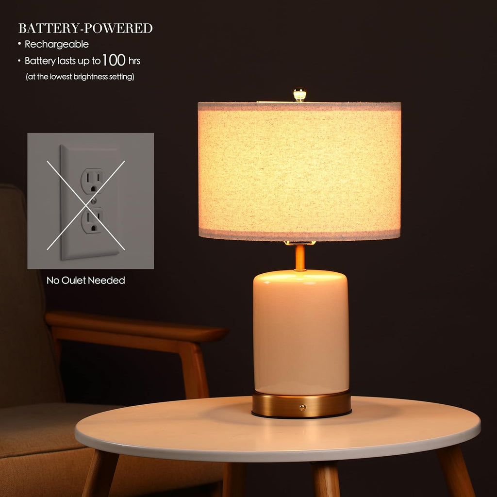 O’Bright Dune - Battery Powered Table Lamp, Rechargeable Cordless Ceramic Lamp, Full-Size 19.5 Inch Height, Dimmable