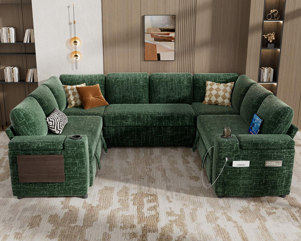 111" Modular Sectional Sleeper Sofa with Pull Out Bed, 8 Seat Chenille U Shaped Couch with Storage Chaise|USB