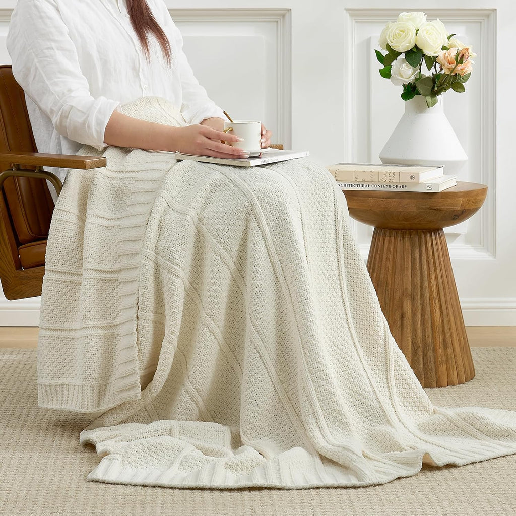 Premium Chenille Throw Blanket, Soft Cozy Moss Stitch Knit Blanket, Chair, Home Decor, Cream White 50"x60"