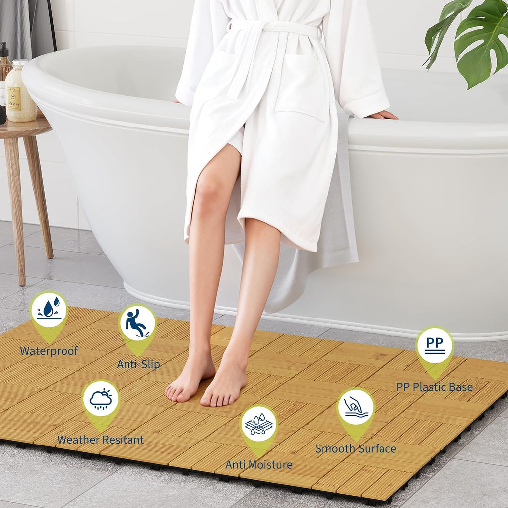 22 PCS Acacia Wood Composite Deck Tiles, 12"X12" Solid Wood Interlocking Flooring for Patio & Balcony, All Weather