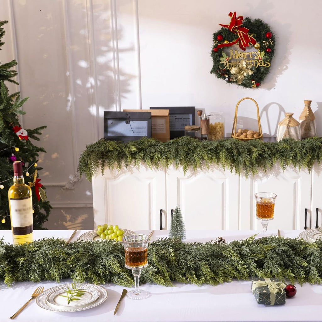 Feet Christmas Cedar Garland - Thick & Lush Realistic Artificial Green Faux Cedar Pine Needles Garland - Set of 2