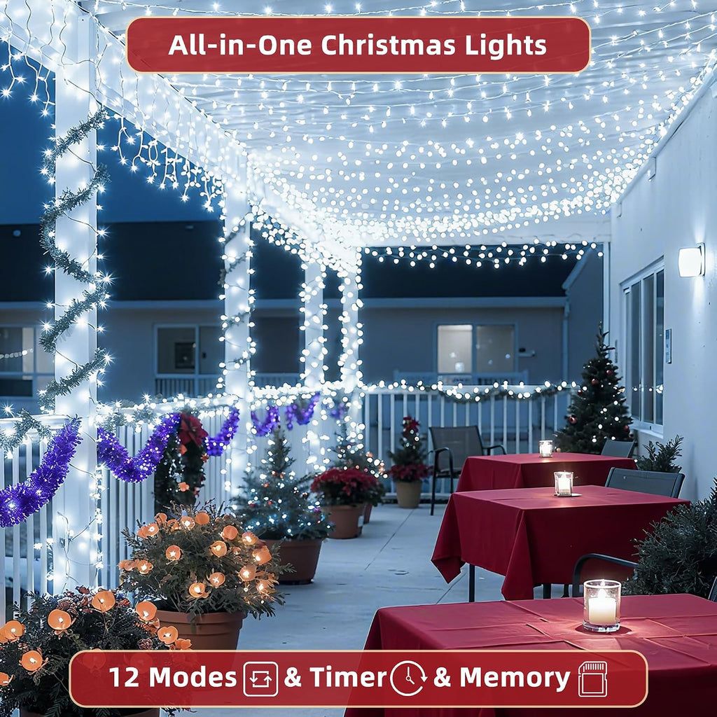 470FT Christmas Lights Outdoor, 1500 LED Christmas Tree Decoration Lights with 12 Modes & Timer Memory, Dimmable Plug
