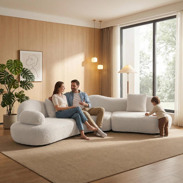 Curved Sectional Sofa, 5 Seater, Boucle, Scandinavian, White