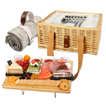 Wicker Picnic Basket for 2 with Mini Folding Wine Picnic Table & Large Insulated Cooler Bag & Cutlery Service Kits