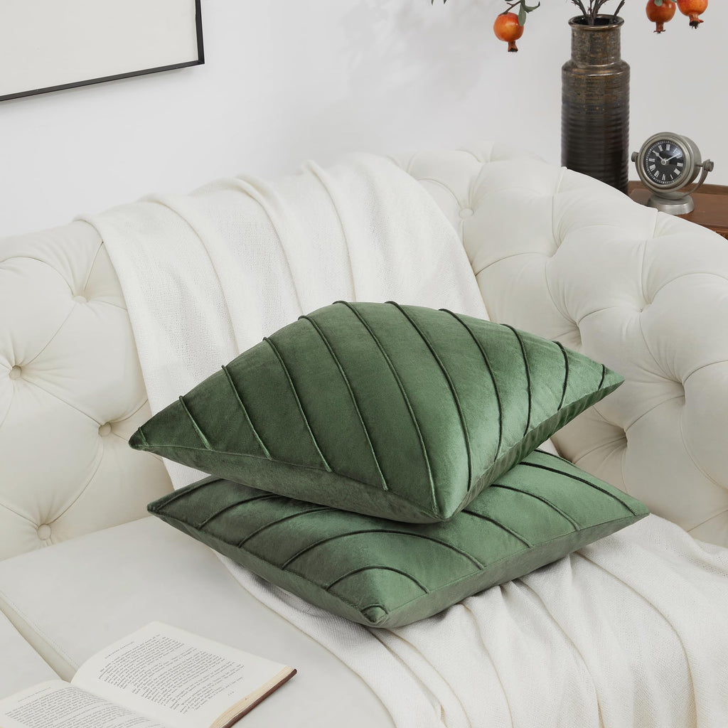 Olive Green Velvet Stripe Throw Pillow Covers 18x18 Set of 2