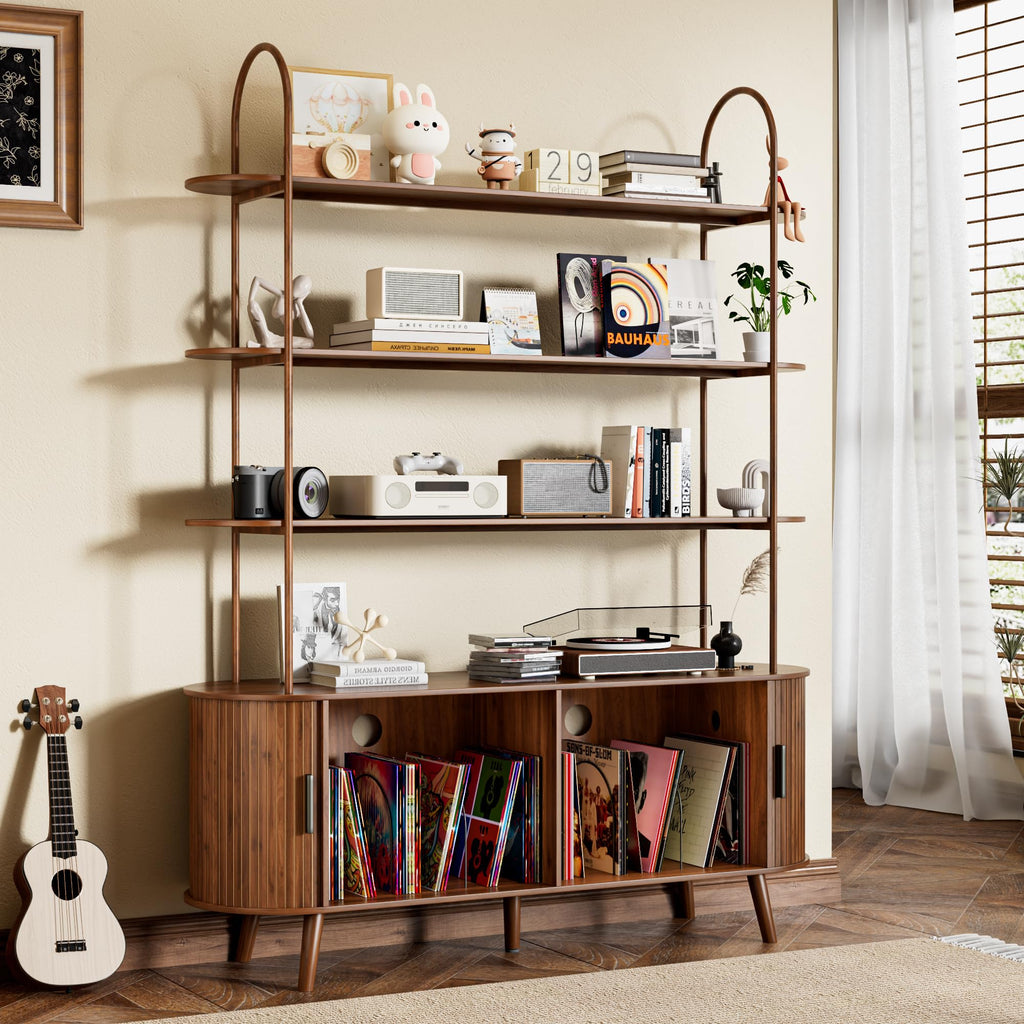 Tall Large Vinyl Record Player Stand, Fluted Long Record Storage Cabinet with Sliding Doors, Mid Century Modern