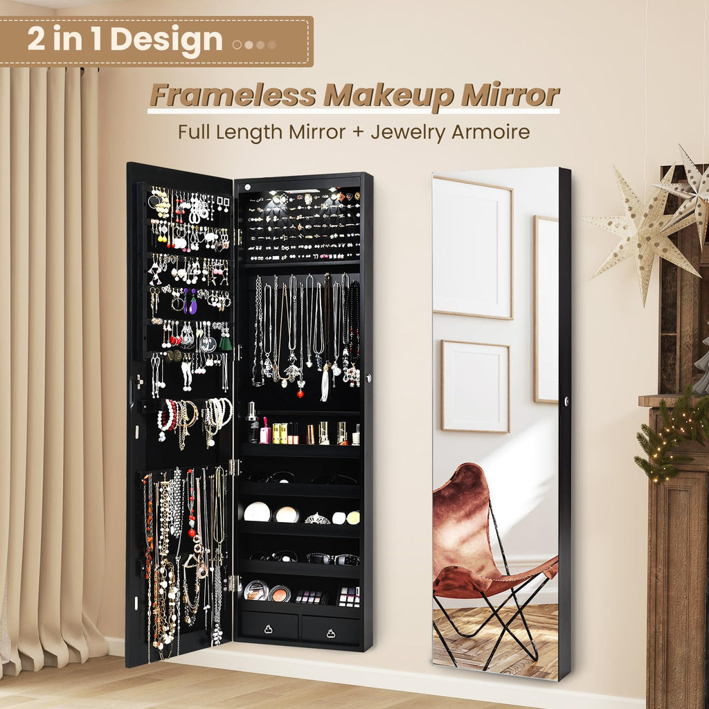 2 LEDs Jewelry Armoire with Full Length Mirror, 47.5" H Wall or Door Mounted Jewelry Cabinet with 2 Drawers, Lockable