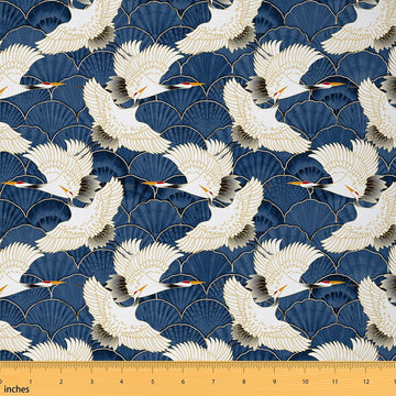 Japanese White Crane Fabric by The Yard 2 Yards Exotic Style Soft Flannel Decorative Fabric Japanese Ukiyoe