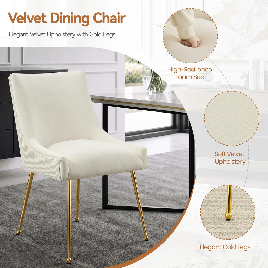 Velvet Dining Chairs Set of 2 Gold Legs, Upholstered Velvet Accent Chairs, Pleated Back Design & Gold Pull Handle, Mid
