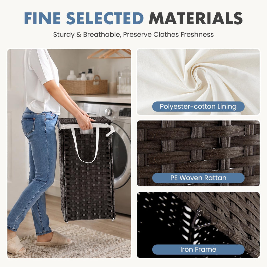 Laundry Basket with Lid, 90L Wicker Laundry Hampers, Chestnut Brown