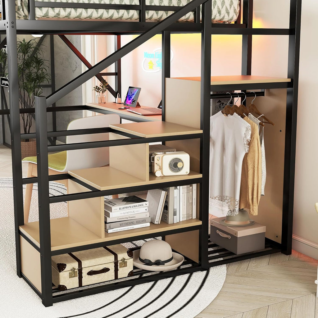 Queen Metal Loft Bed Frame with Desk, Staircase, Built-in Storage Shelves and Wardrobe