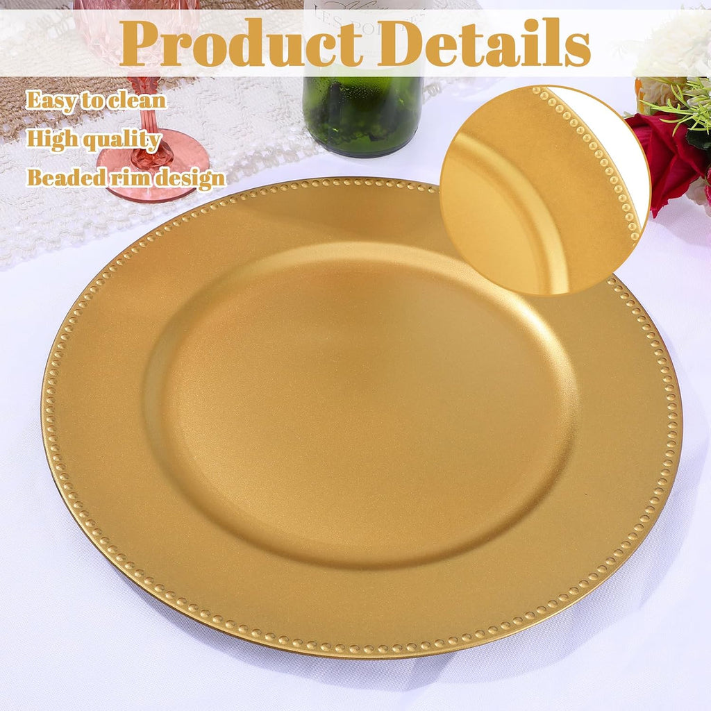 Gold Plastic Charger Plates, 13 Inch Round Beaded Decorative Dinner Chargers for Wedding, Party, Table - Set of 12