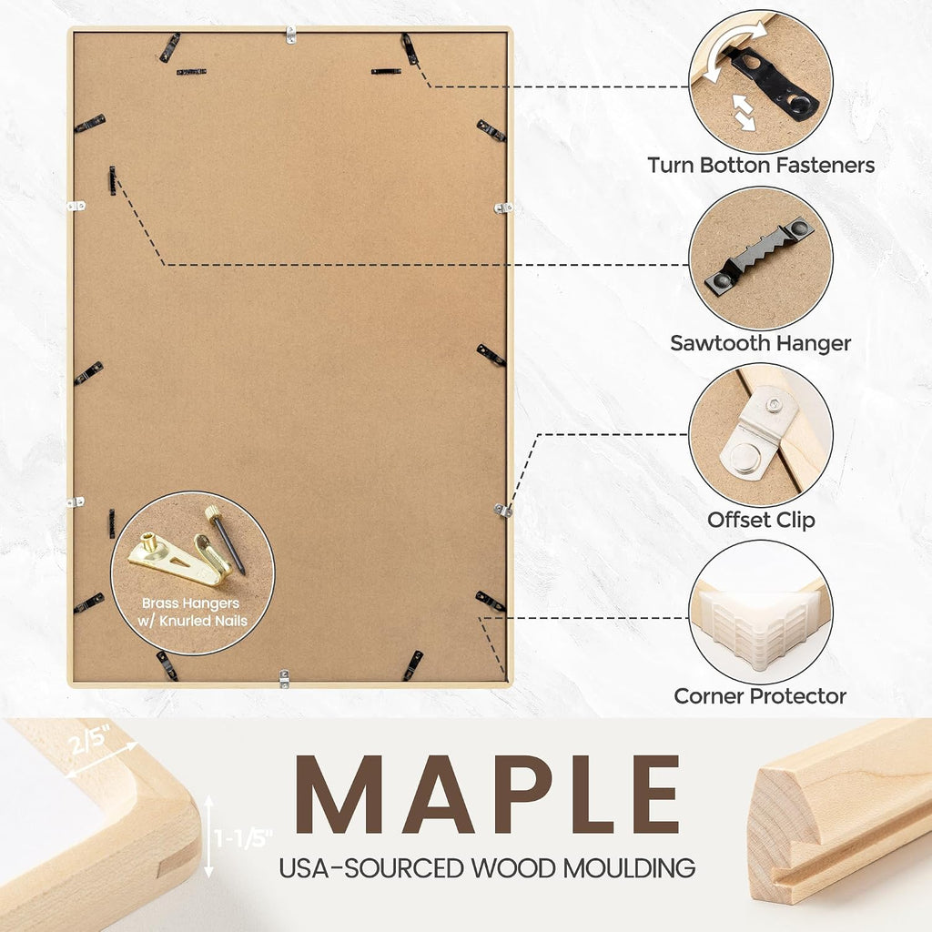 Picture Frame, USA-Sourced Hardwood Photo Frame, Maple, 24 x 36 | Mortise&Tenon Joint, HD Tempered Glass, Bevel