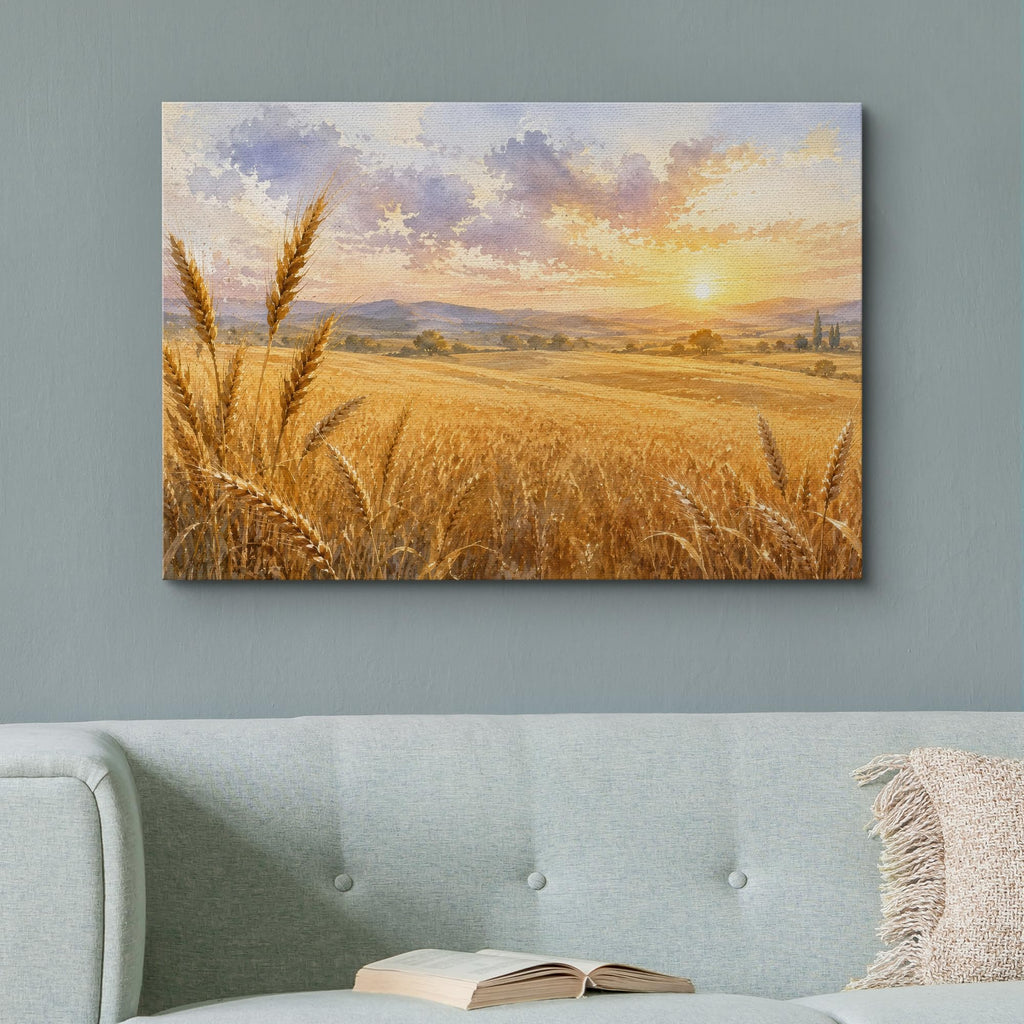 Canvas Print Wall Art Sunset Wheat Field Watercolor Photography Realism Chic Multicolor - 16"x24"