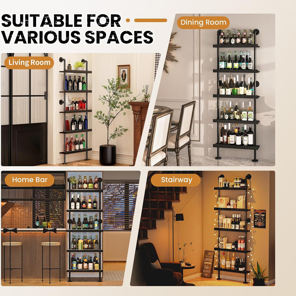 5-Tier Industrial Bar Shelves Wall Mounted, 78" Tall Pipe Wine Rack with Anti-Fall Guards, Wall Mounted Bar Shelves