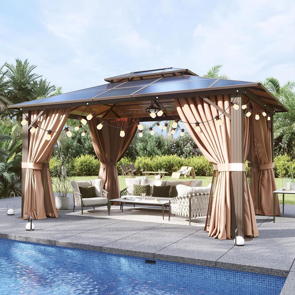 10'x12' Hardtop Gazebo, Metal Frame Permanent Pavilion with Light, Curtains and Netting, Outdoor Polycarbonate
