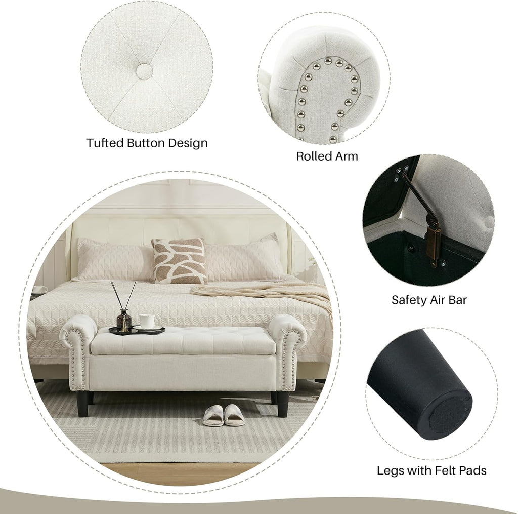 50" Storage Bench , Linen Upholstered, Beige | End of Bedroom Bed Bench Ottoman with Tufted Cushioned Rolled Arm
