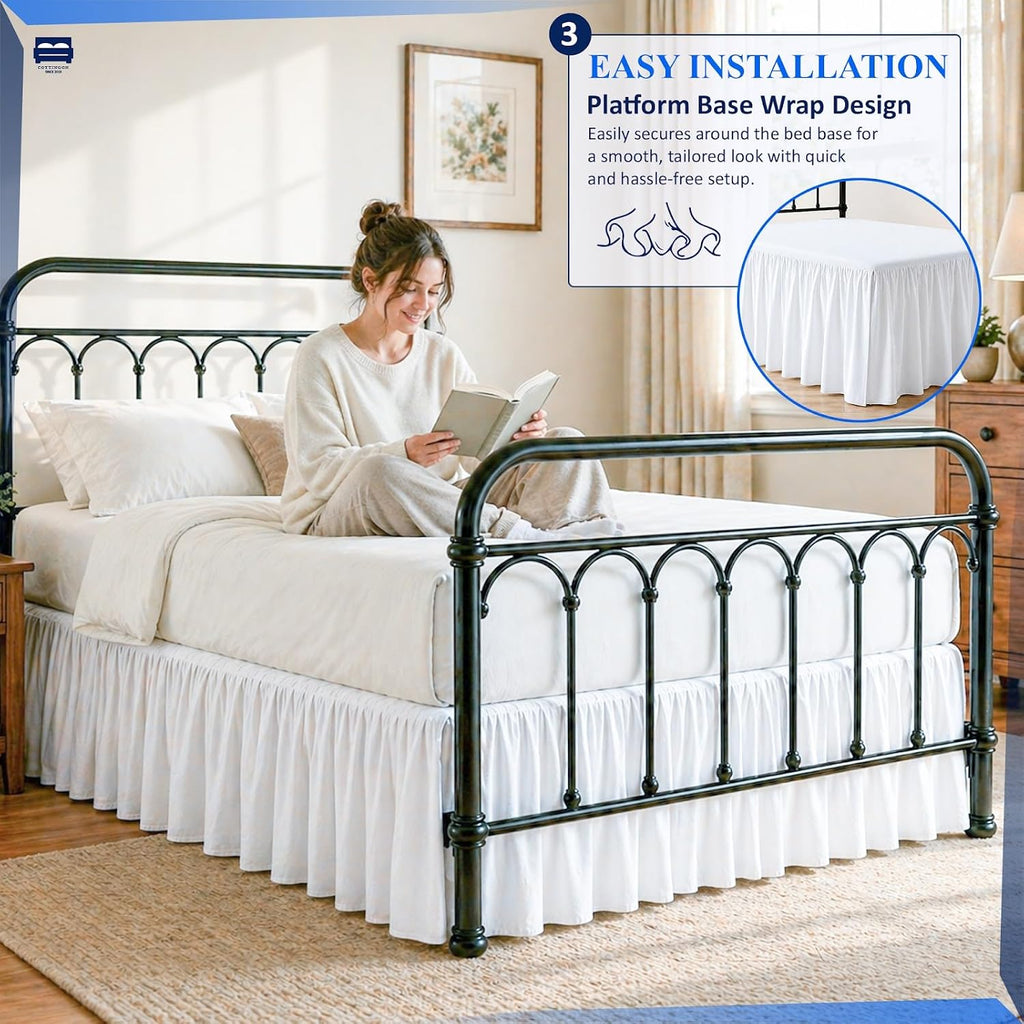 Ruffled Bed Skirt Queen 16-Inch Drop with Split Corners, White | 100% Microfiber Bed Skirts - Soft and Stylish Dust