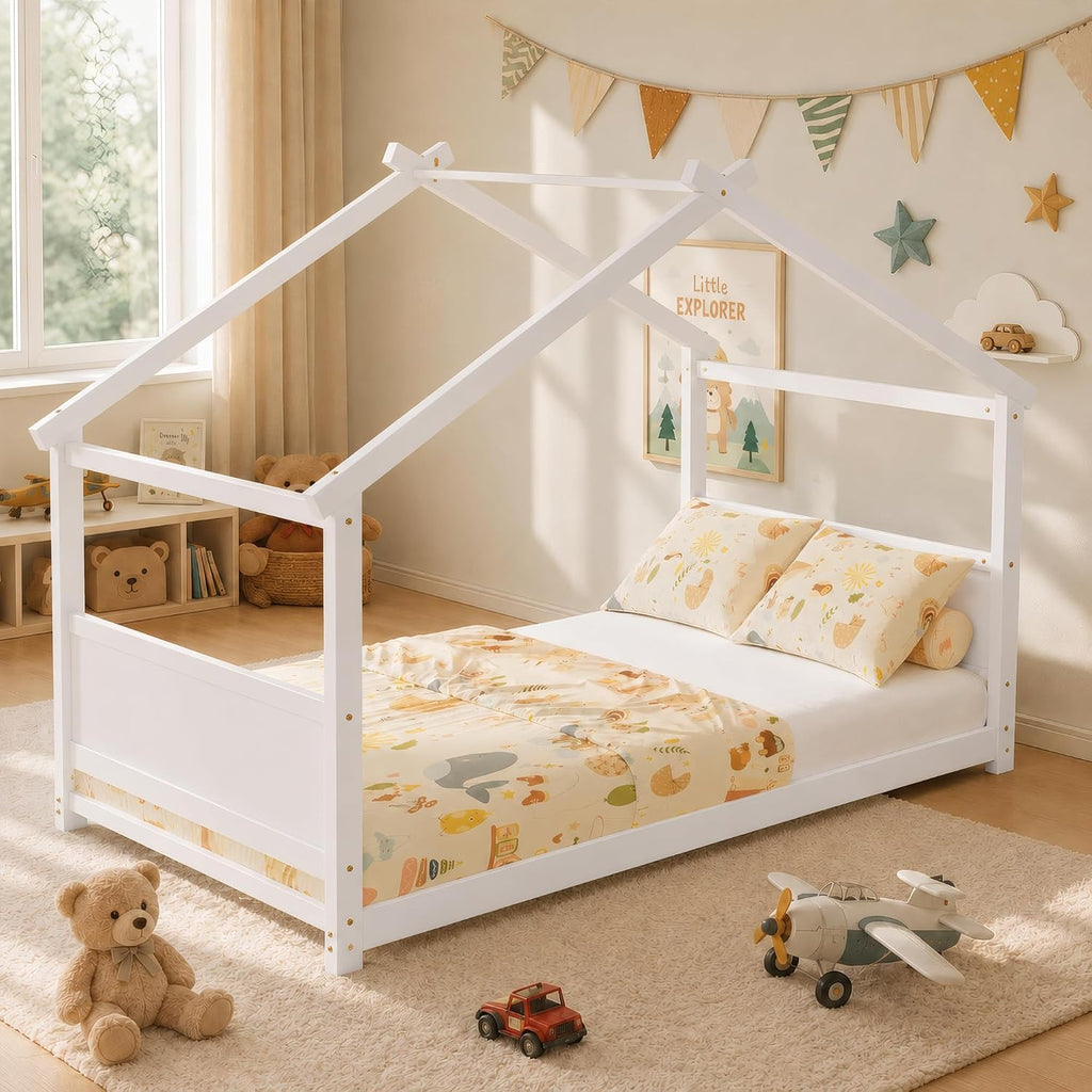 Montessori Floor Bed Frame, Solid Wood Kids House Bed Without Rails, Open Concept Toddler House Bed with
