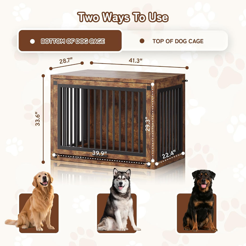 Dog Crate Furniture - 42'' Wooden Dog Kennel for Large Dogs up to 80 lb, Large Dog Crate with Hidden Sliding Door