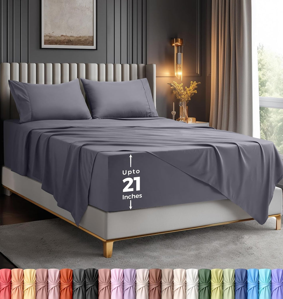 King Extra Deep Pocket Sheet Set - Fits Mattresses Up to 21 inches - Cooling, Soft & Breathable - Oeko-Tex 4 Piece
