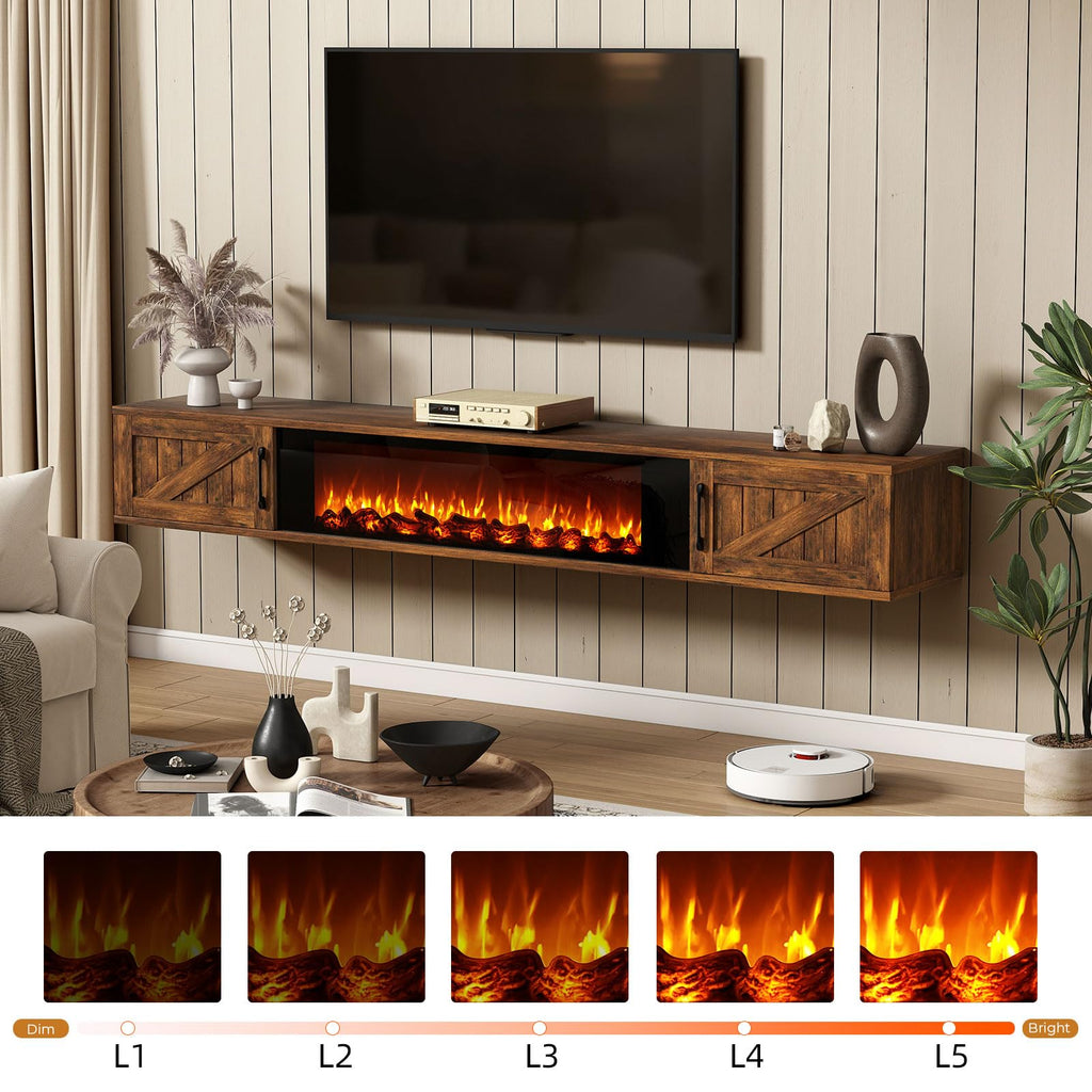 Floating TV Stand with 36" Electric Fireplace, 70" Farmhouse Entertainment Center for TVs Up to 80" Wall Mounted