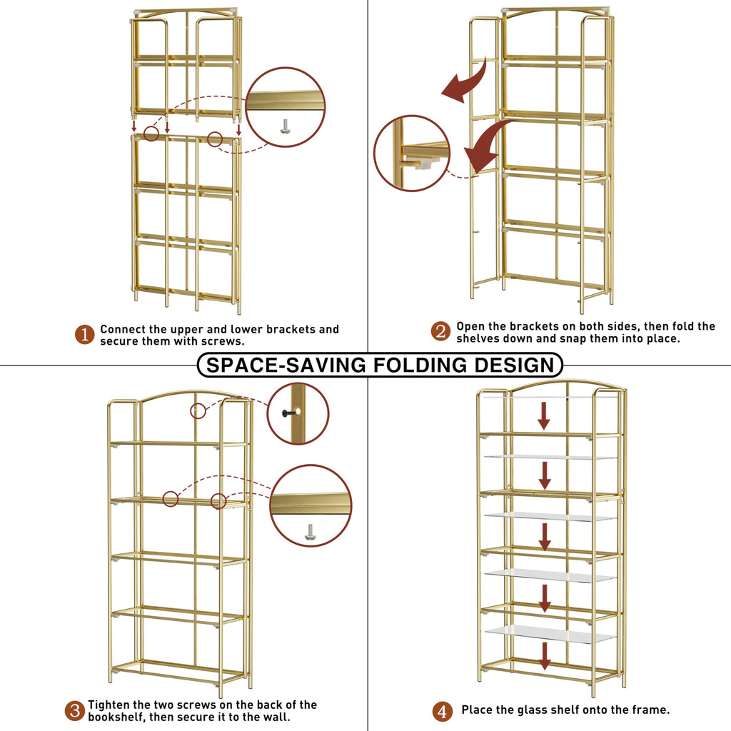5-Tier Wider Foldable Bookshelf, Gold Frame & Transparent Shelves