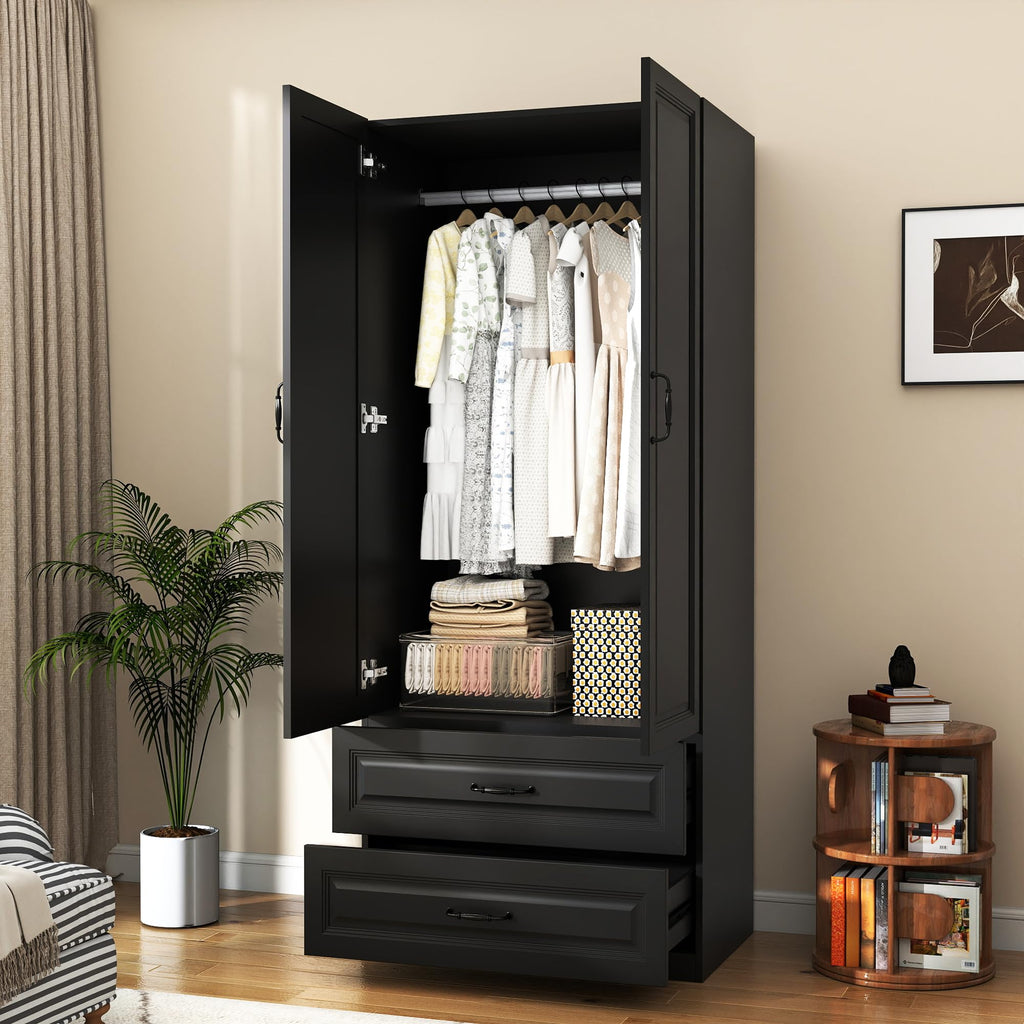 Black Wardrobe Closet with 4 Drawers and 4 Doors, 75" H x 63" W