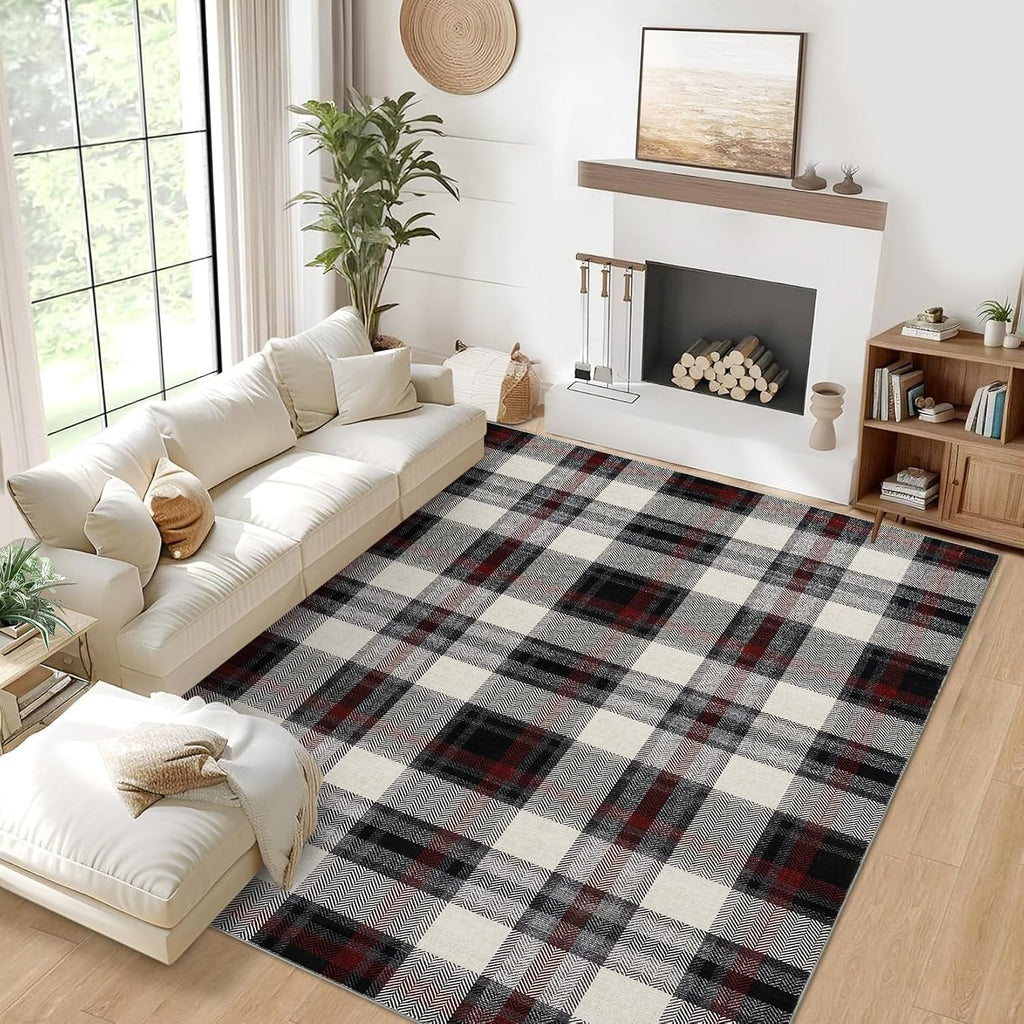 Washable Area Rug Modern Bedroom Rustic Large Plaid Area Rug Checkered Non Slip Throw Rugs Stain Resistant