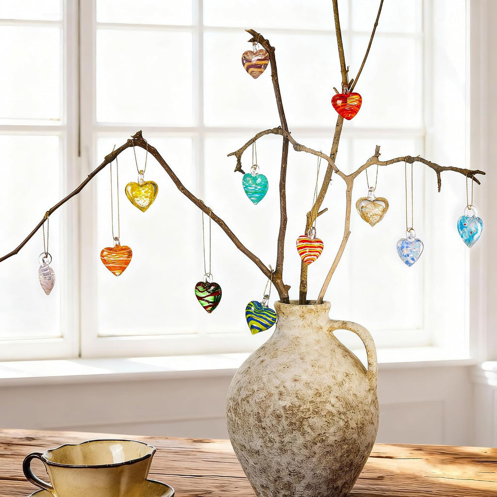 Blown Glass Heart Ornaments 1.4'' Multi-Colored Heart Baubles Hanging - Set of 12
