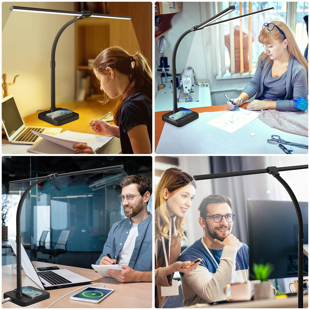 LED Desk Lamp, 24W Double Head Desk Light with Wireless Charging